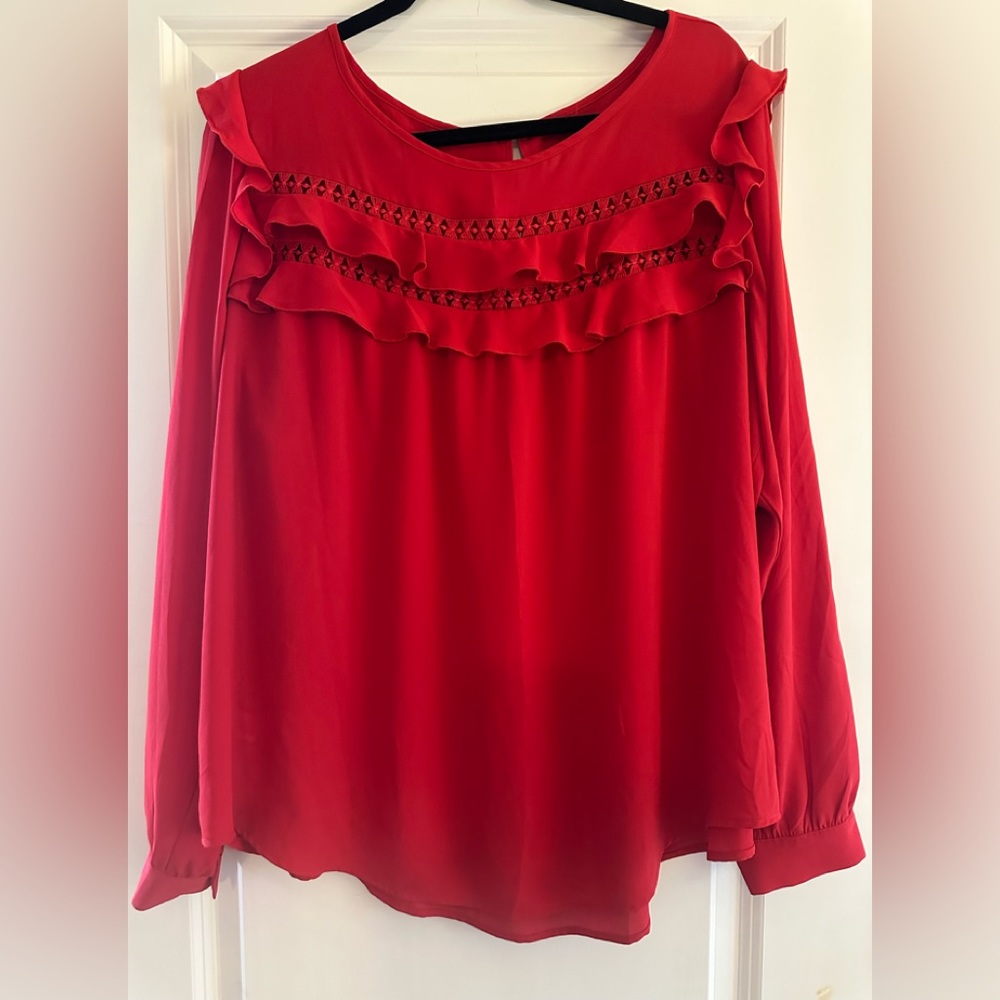 Ann Taylor Loft Cutout Ruffle Yoke Blouse Red size XL